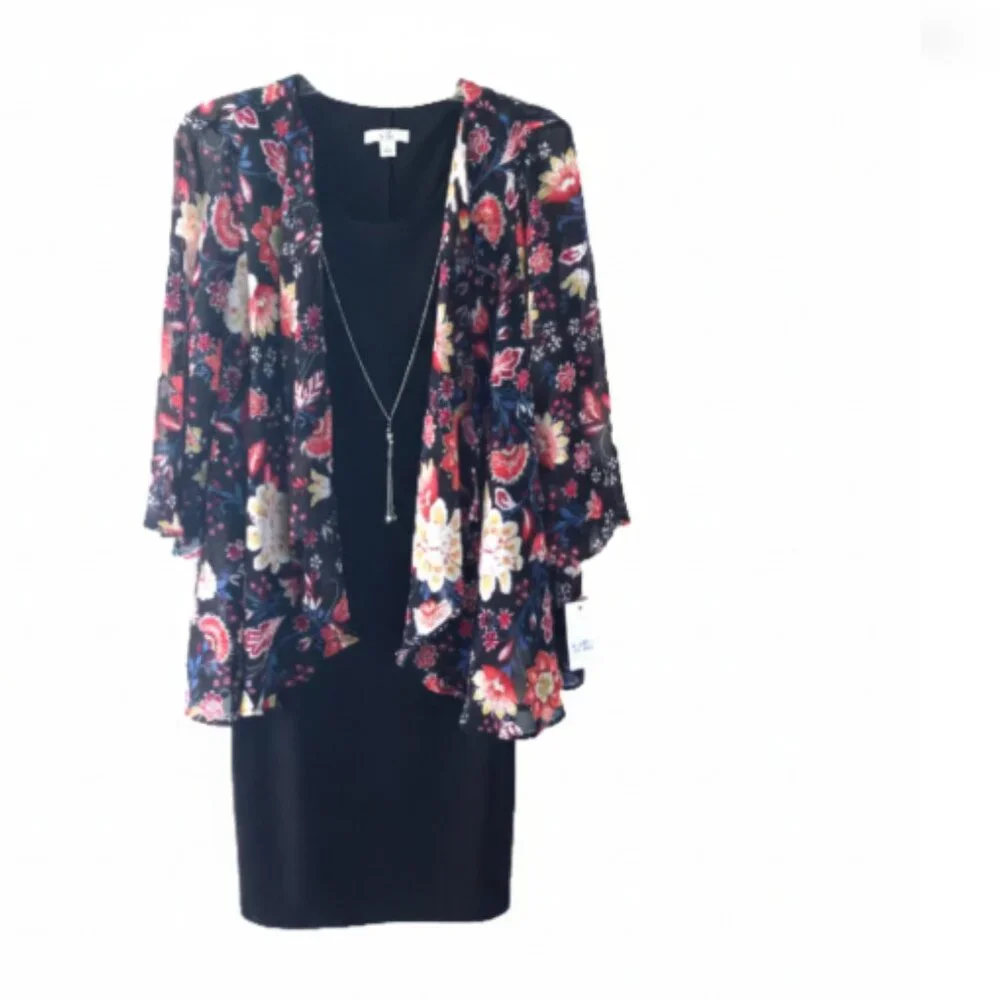NWT Croft & Barrow Black Dress Size L Floral Jacket Necklace Set